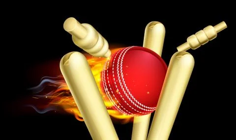 Flaming Cricket Ball Hitting Wicket Stumps Stock Illustration