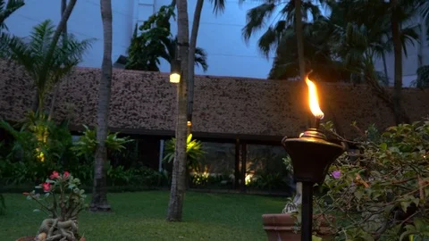 Flaming fire on retro oil lantern with garden background Stock Footage 88142217