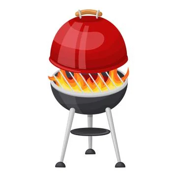 A flaming grill with a raised lid. Vector illustration on a white background Stock Illustration