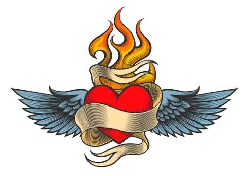 Flaming Heart with Wings Stock Illustration