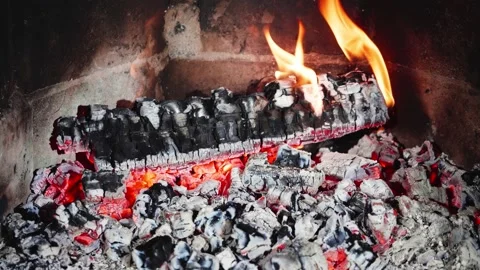 Flaming heat and burning log in a fireplace Stock Footage 220904337