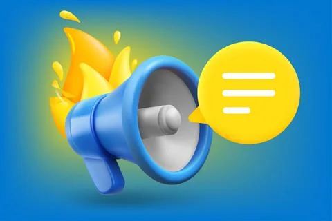 Flaming loudspeaker with speech bubble. Breaking news concept. 3d vector il.. Stock Illustration