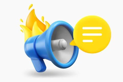 Flaming loudspeaker with speech bubble. Breaking news concept. 3d vector il.. Stock-Illustration