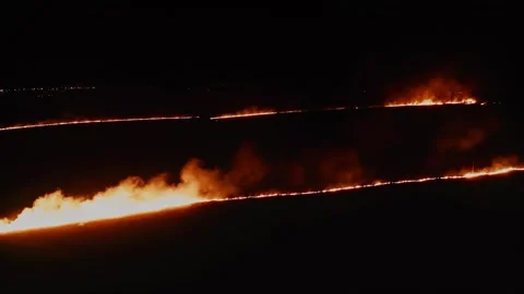 Flaming Night, Rapid Meadow Wildfire. Aerial Drone Shot. Stock Footage 257779386