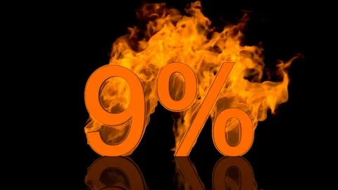 Flaming Nine Percent Centred on Black Background with Reflection as 3D rendering Stock Footage