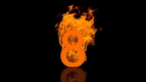 Flaming Number Eight Centred on Black Background with Reflection as 3D rendering Video stock 77762588