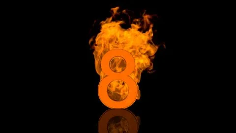 Flaming Number Eight Centred on Black Background with Reflection as 3D rendering Stock Illustration