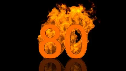 Flaming Number Eighty Centred on Black Background with Reflection as 3D rende Stock Illustration