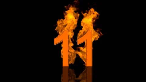 Flaming Number Eleven Centred on Black Background with Reflection Stock Illustration