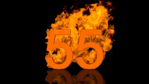 Flaming Number Fifty Five Centred on Black Background with Reflection Video stock 78243977