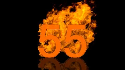 Flaming Number Fifty Five Centred on Black Background with Reflection as 3D r Stock Illustration