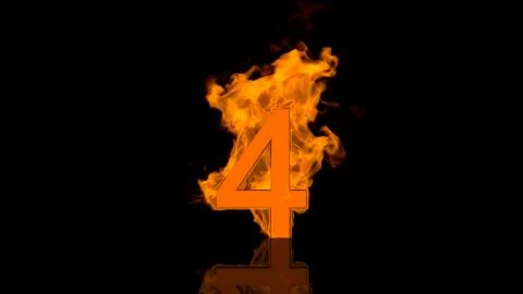 Flaming Number Four Centred on Black Background with Reflection Stock Illustration