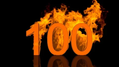 Flaming Number Hundred Centred on Black Background with Reflection Video stock 80526499