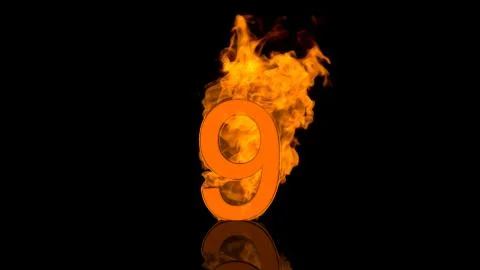 Flaming Number Nine Centred on Black Background with Reflection as 3D rendering Illustrazione stock
