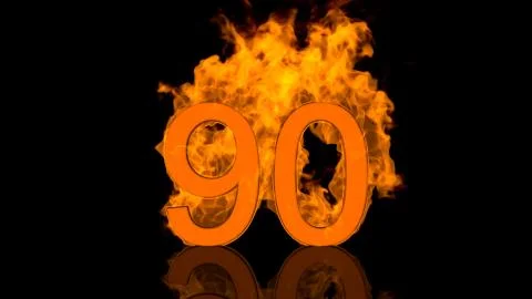 Flaming Number Ninety Centred on Black Background with Reflection as 3D rende Stock Illustration