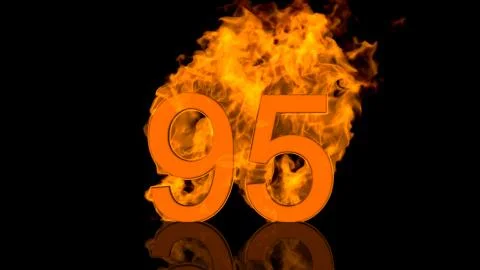 Flaming Number Ninety Five Centred on Black Background with Reflection as 3D Stock Illustration
