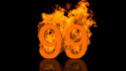 Flaming Number Ninety Nine Centred on Black Background with Reflection as 3D Illustrazione stock