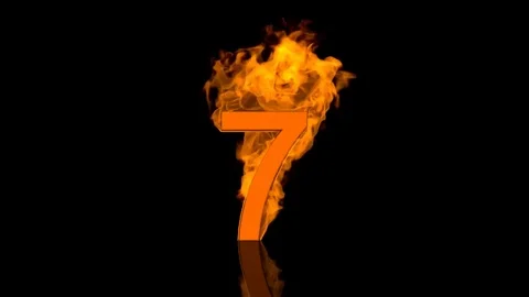 Flaming Number Seven Centred on Black Background with Reflection as 3D rendering Video stock 77734444