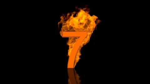 Flaming Number Seven Centred on Black Background with Reflection as 3D rendering Illustrazione stock