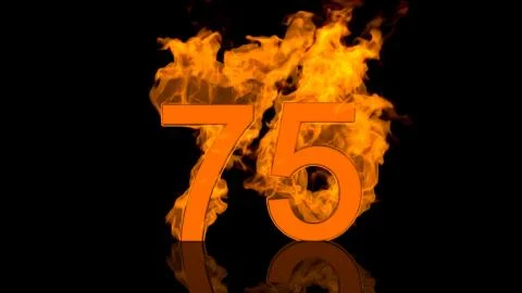 Flaming Number Seventyfive Centred on Black Background with Reflection as 3D Stock Illustration