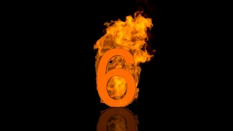 Flaming Number Six Centred on Black Background with Reflection as 3D rendering Video stock 77728031