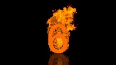 Flaming Number Six Centred on Black Background with Reflection as 3D rendering Illustrazione stock