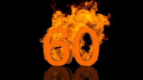 Flaming Number Sixty Centred on Black Background with Reflection as 3D rendering Video stock 78300581