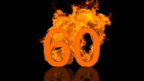 Flaming Number Sixty Centred on Black Background with Reflection as 3D render Stock Illustration