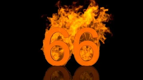 Flaming Number Sixty Six Centred on Black Background with Reflection as 3D re Stock Illustration