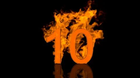 Flaming Number Ten Centred on Black Background with Reflection as 3D rendering Stock Illustration