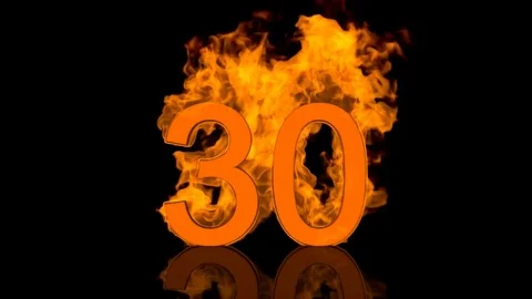 Flaming Number Thirty Centred on Black Background with Reflection Video stock 77979322