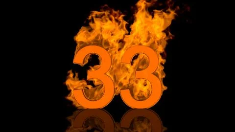 Flaming Number Thirty Three Centred on Black Background with Reflection as 3D Stock Illustration