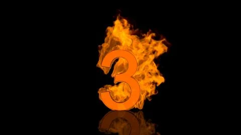 Flaming Number Three Centred on Black Background with Reflection Stock Illustration