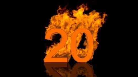 Flaming Number Twenty Centred on Black Background with Reflection as 3D rende Stock Illustration