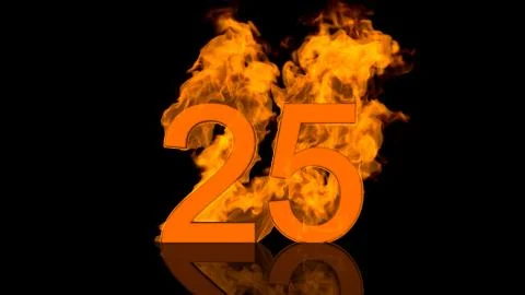 Flaming Number Twenty Five Centred on Black Background with Reflection as 3D Stock Illustration