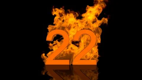 Flaming Number Twenty Two Centred on Black Background with Reflection as 3D r Stock Illustration