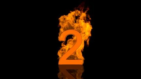 Flaming Number Two Centred on Black Background with Reflection Stock Illustration