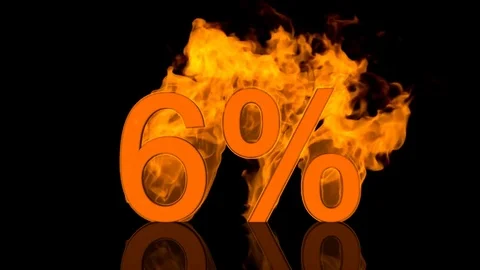 Flaming Six Percent Centred on Black Background with Reflection as 3D rendering Video stock 80543007