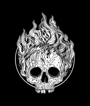 Flaming skull with fire  Black and white tattoo design Ilustración de archivo