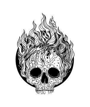 Flaming skull with fire  Black and white tattoo design Stock Illustration
