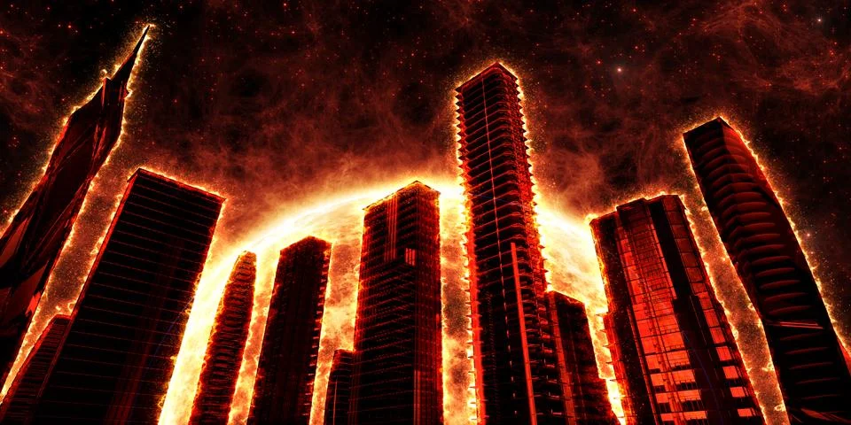 Flaming skyscrapers on the background of a red star. illustration. Stock Photos
