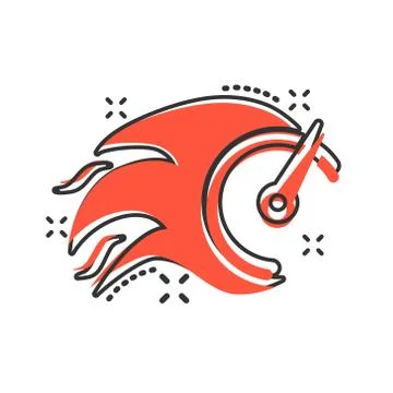 Flaming speedometer sign icon in comic style. Accelerate vector cartoon illus Stock Illustration
