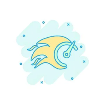 Flaming speedometer sign icon in comic style. Accelerate vector cartoon illus Stock Illustration