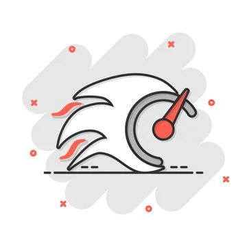 Flaming speedometer sign icon in comic style. Accelerate vector cartoon illus Stock Illustration