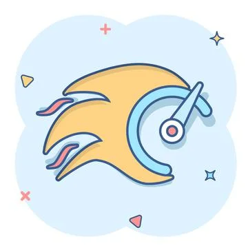 Flaming speedometer sign icon in comic style. Accelerate vector cartoon illus Stock Illustration