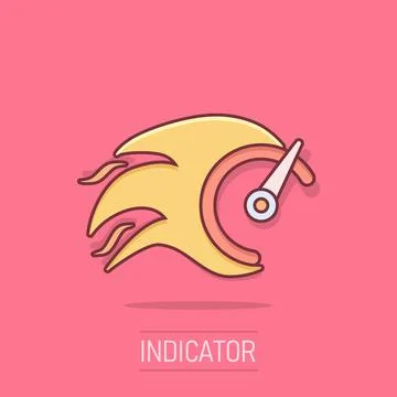Flaming speedometer sign icon in comic style. Accelerate vector cartoon ill.. Stock Illustration