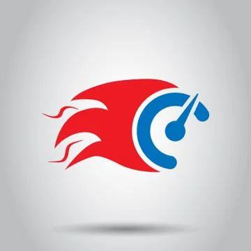 Flaming speedometer sign icon in flat style. Accelerate vector illustration o Stock Illustration