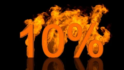 Flaming Ten Percent Centred on Black Background with Reflection as 3D rendering Stock Footage