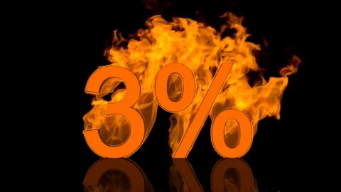 Flaming Three Percent Centred on Black Background with Reflection Video stock 80539733