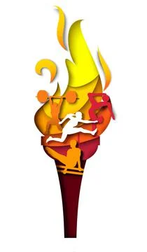 Flaming torch with athlete silhouettes, vector paper cut illustration. Sport Stock Illustration